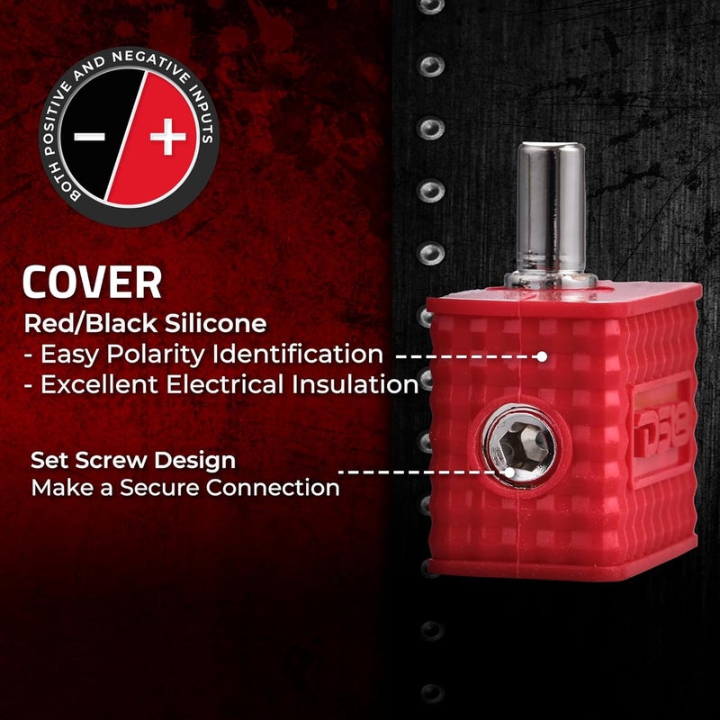 DS18 Amp Input Reducers with Offset Stub & Red/Black Silicone Cover, Marine Grade, Wire Reducer Power/Ground Input Reducer, Amplifier Wire Connector, Pair (Dual 1/0-GA to 1/4-GA) - Image 3